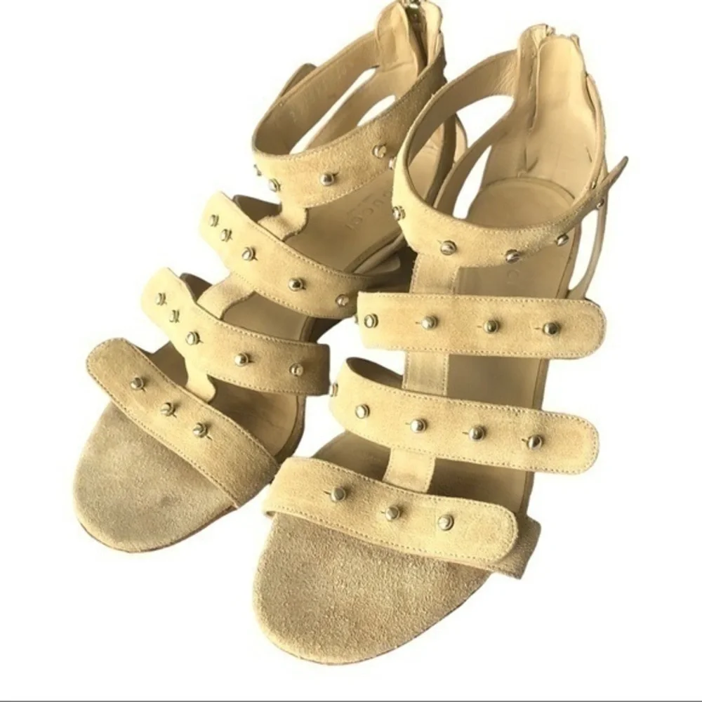 Gucci Tan Suede Studded Wedge Gladiator Sandals Size 36.5 (US 6.5)
